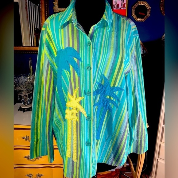 Green Stripe Linen Button Down Shirt Jacket Palm Tree Appliqué Woman’s Lg 12/14 - Picture 1 of 8